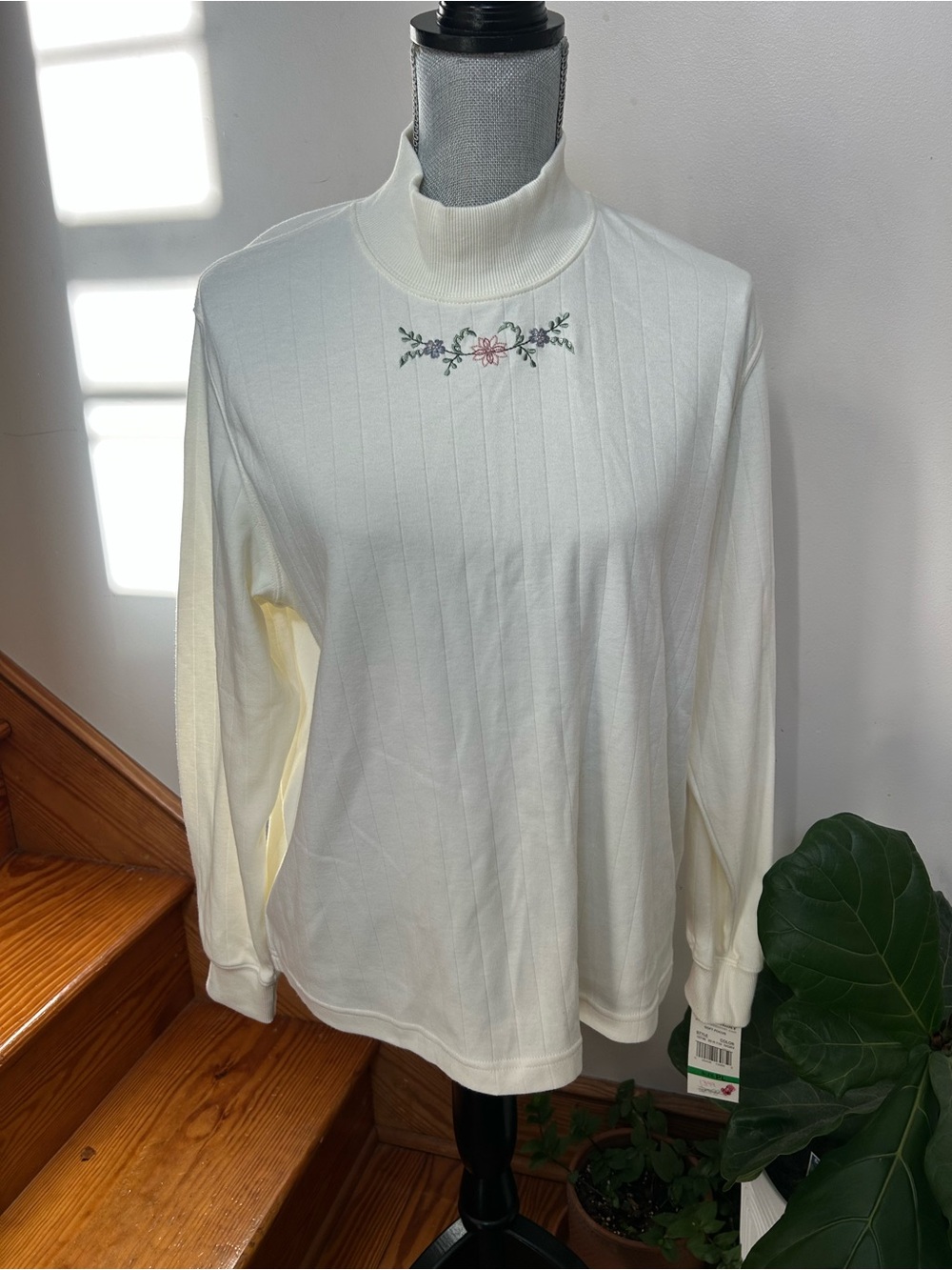 Alfred Dunner Cream Ribbed Vintage Turtle Neck Top with Pink Floral Embroidery
